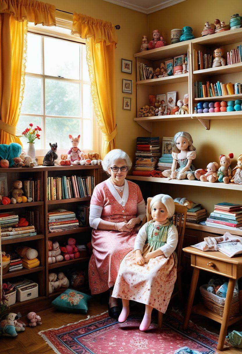 A cozy, well-lit crafting space filled with colorful fabrics and sewing kits designed for creating Grandma dolls. In the center, a friendly grandparent figure sits surrounded by half-finished dolls showcasing various styles and fabrics. The backdrop includes shelves lined with doll collection books and completed dolls in charming poses. Warm, nurturing ambiance enhanced by soft sunlight filtering through a window. whimsical. vibrant colors. warm tones.