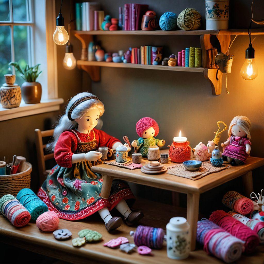 A cozy crafting corner filled with various handmade granny dolls in different stages of completion, surrounded by colorful fabrics, knitting supplies, and a warm glowing lamp. Include a joyful doll enthusiast working on a doll, with a cup of tea nearby. The setting suggests a friendly, inviting atmosphere for doll lovers. vibrant colors. cozy ambiance. super-realistic.