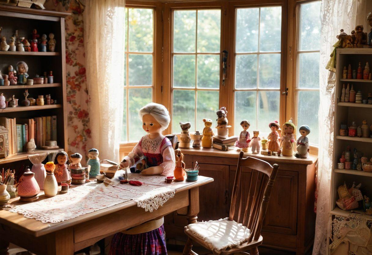 A cozy, sunlit workshop filled with colorful grandma dolls in various stages of crafting, showcasing intricate details like lace dresses, hand-painted faces, and unique accessories. Include a window with soft natural light streaming in, a wooden table scattered with sewing tools, and shelves lined with finished dolls. A vintage rocking chair can be seen in the corner stacked with crafting books. Warm, inviting atmosphere. super-realistic. vibrant colors. warm lighting.
